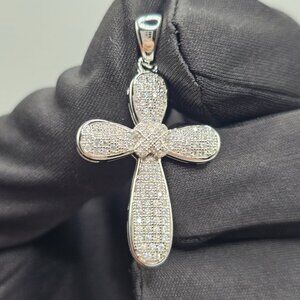 Sterling Silver 925 Rhodium Plated CZ Cross Round Shape Pendant